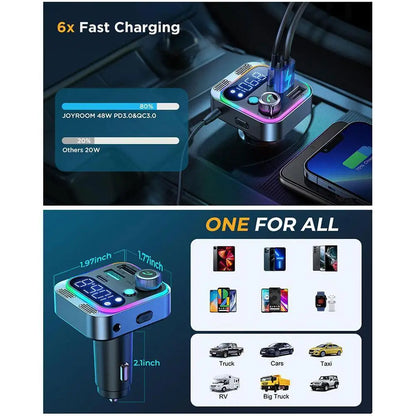 Bluetooth 5.0 FM Transmitter For CarStronger Dual Mics & HiFi Deep Bass Sound 48W PD&QC3.0 Bluetooth Car Adapter Hands-Free Call