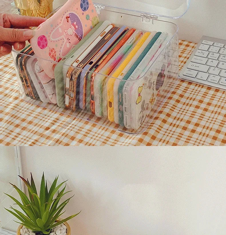 Ins Transparent Phone Case Organizer Storage Box with Cover Home Desktop Acrylic Sundries Storage Basket Phone Case Holder