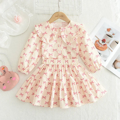 Bear Leader Girls Clothing Autumn Doll Collar Shirt and Cute Bow Print Skirt Sets Clothes Children's Sweet Costumes 100%Cotton