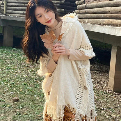 Women Knitted Cape Shawl Wrap Cloak Ethnic Hooded Poncho Hoody Jumper Sweater Tassels Dropshipping