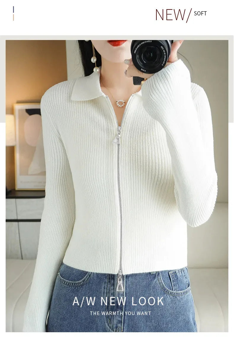 Women Autumn Winter Soft Wool Sweater Polo Collar Thicken Knitted Double Zipper Cardigan Basis Short Top Cashmere Female Coat