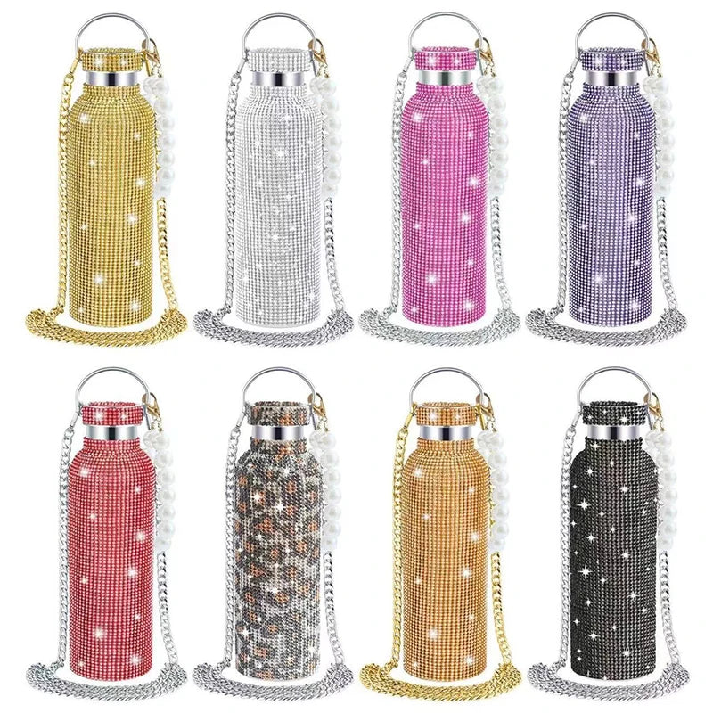 350/500/750/1000ml Luxury Rhinestone Thermos Bottle 2pcs Chain Portable Water Bottle Double Wall Stainless Steel Thermal Flask