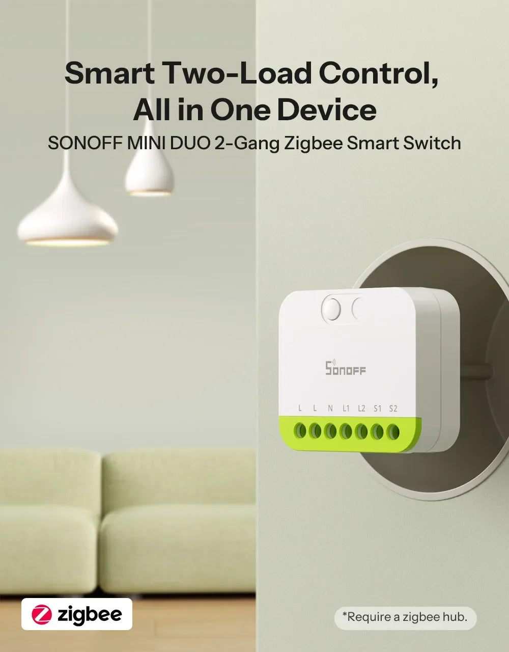 SONOFF MINI DUO 2-Gang Zigbee Smart Switch MINI-ZB2GS Small & Safe Dual-Load Control Supports External Switch Require zigbee hub