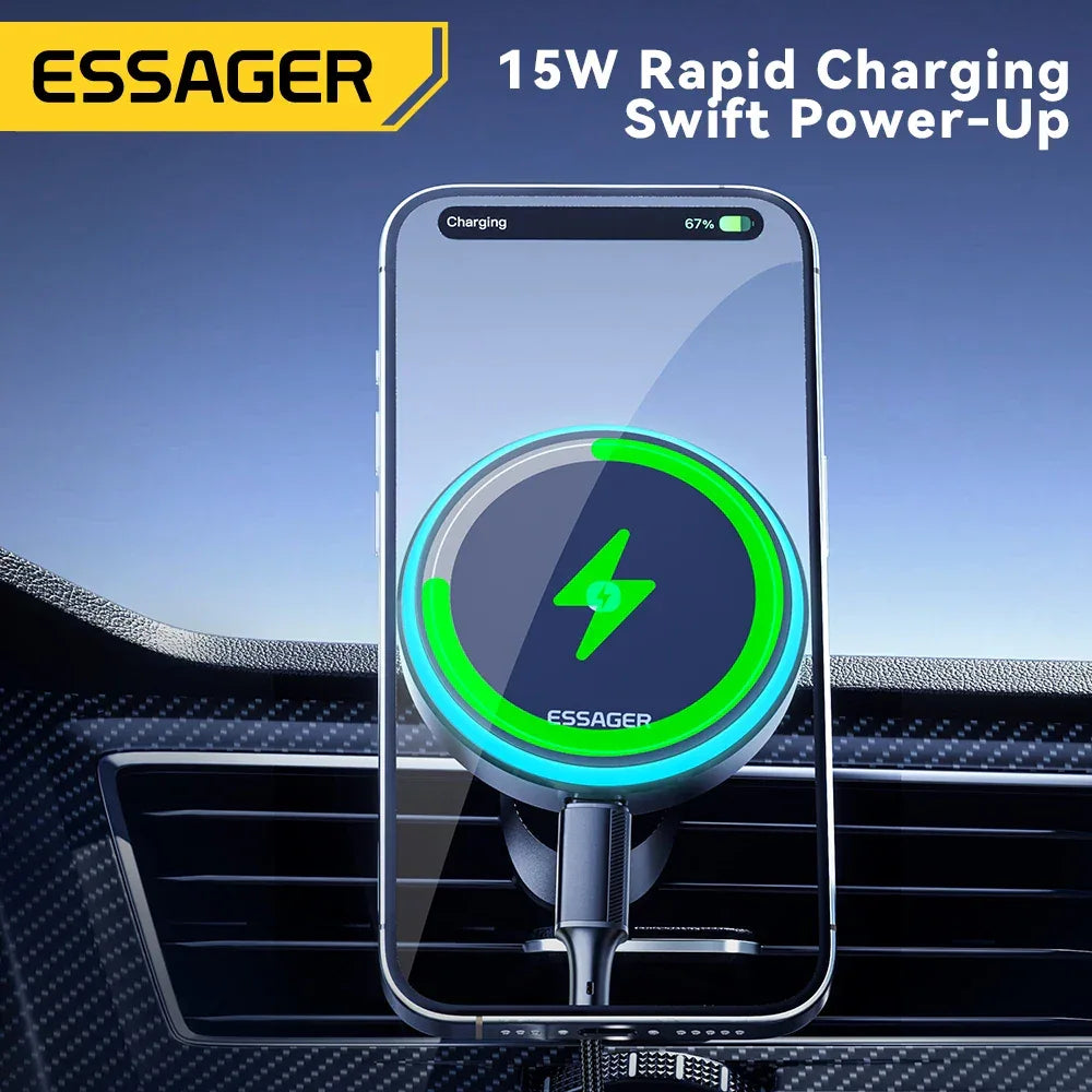 Essager Magnetic Wireless Charger Car Phone Holder 15W RGB Seven Color Light Fast Charging Mount Stand For IPhone15 14 13Android