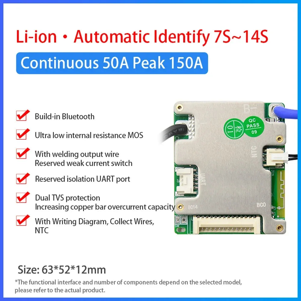 JBD BMS Auto-Identify 7S 8S 10S 12S 13S 14S 20A 30A 40A 50A LiFePo4 Smart BMS 24V 36V 48V Battery Management System for E-Bike