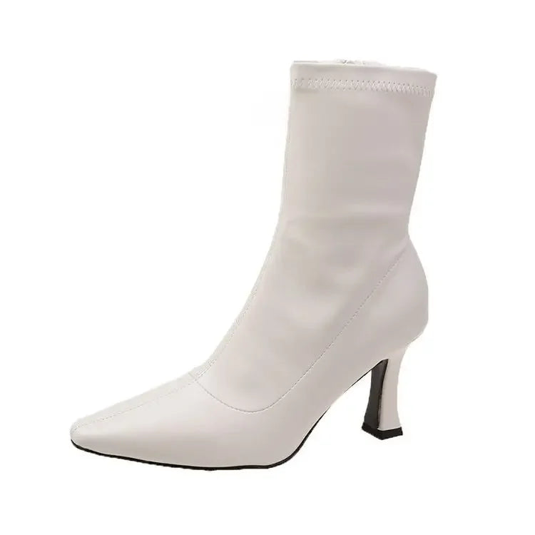 Women High Heel Short Leather Boots  New Boots Female Pointed Thin Heel Boots Ladies Ankle Short Boots Botas De Mujer 2024