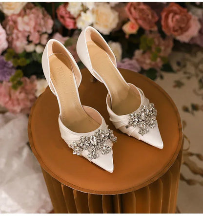 2025 Autumn New White French High Heels Pointy Rhine-Diamond Thin Heel Not Tired Foot Single Shoes Wedding Shoes