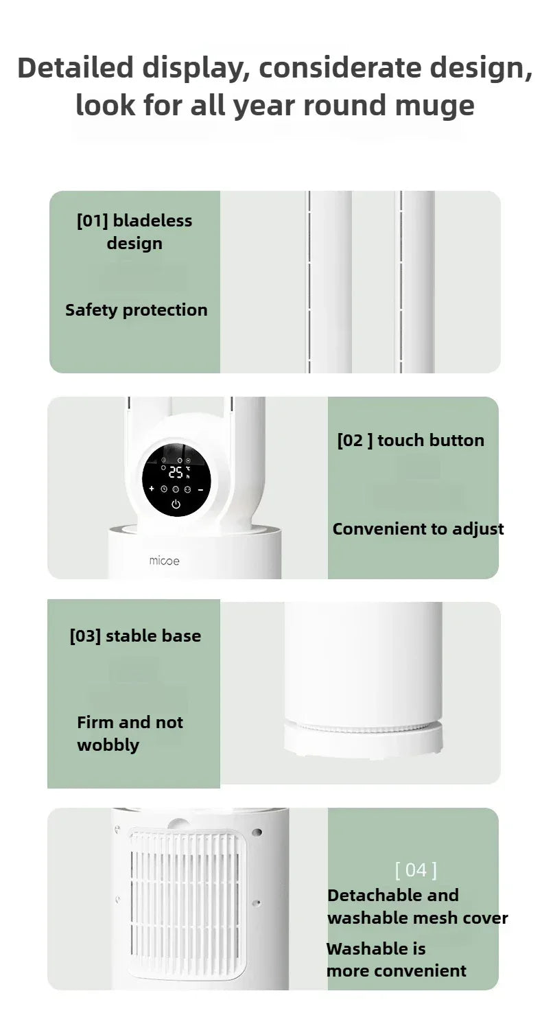 12-Speed Touch Control Bladeless Fan‌ Removable Washable Grille Tip-Over Protection Energy Efficient Cooling Tower Living Rooms