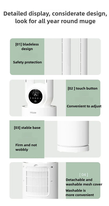 12-Speed Touch Control Bladeless Fan‌ Removable Washable Grille Tip-Over Protection Energy Efficient Cooling Tower Living Rooms