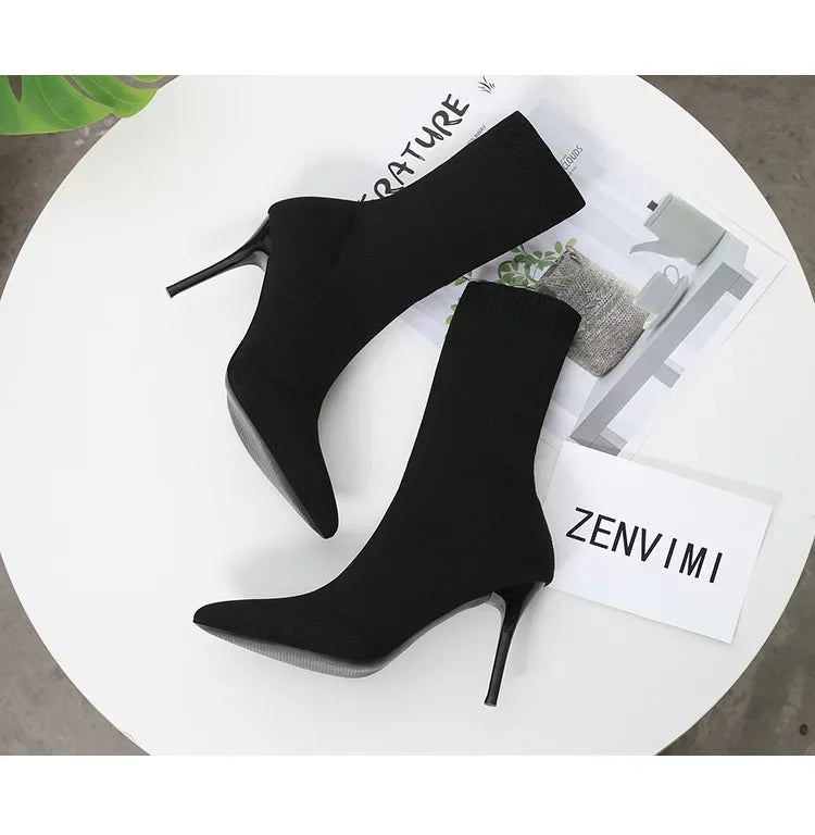 Comemore Knitting Stretch High Heels for Women Fashion Shoe 2025 Spring Autumn Ankle Boot Female Sexy Sock Boots Plus Size 34 42