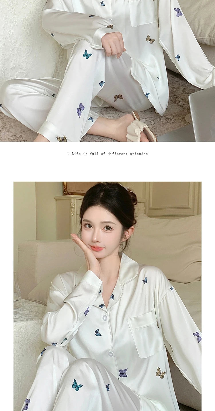French Elegant Romantic Butterfly Print Women Pajamas Simple Ins Literary Aesthetics Sleepwear 2024 Fall Winter New Y2k Lounges