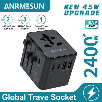 ANRMESUN 65W GaN Universal Travel Adapter with 2 USB 2 Type C Fast Charging All-in-one Travel Charger EU/UK/USA/AUS for Travel