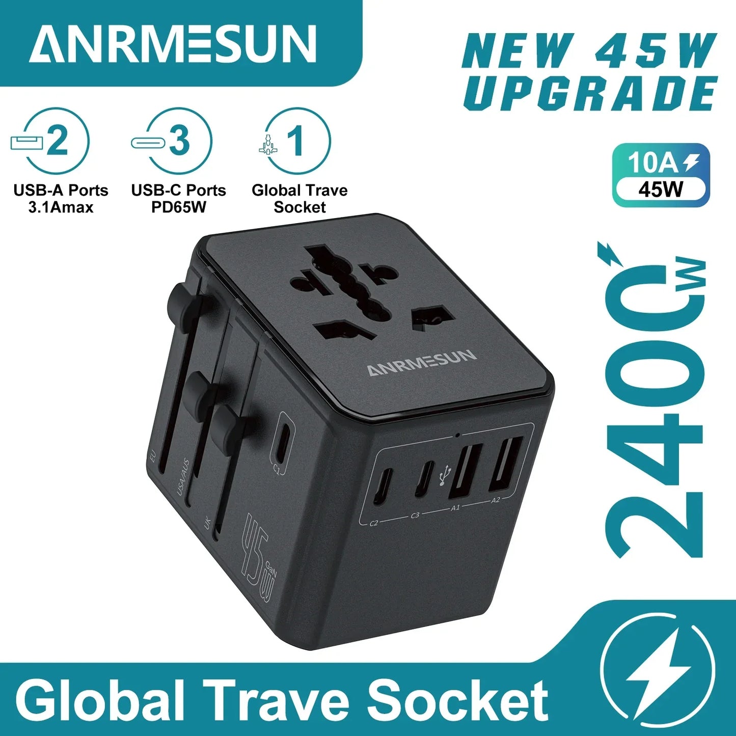 Global Universal Conversion Travel Plug 2 Type-C Sockets EU US AC Power Travel Adapter PD 65w 45w 25w Travel Plug Fast Charging