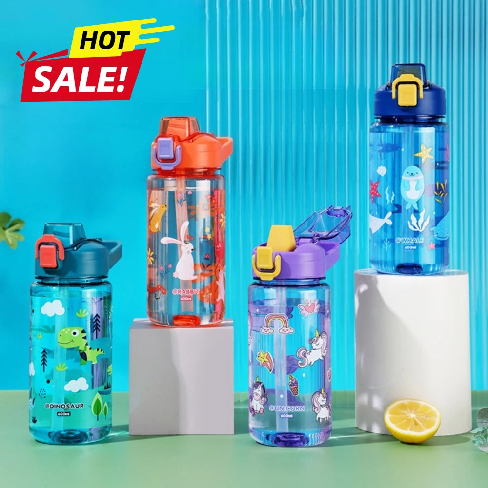 Dinosaur Themed Camping Bottle For Water Drinking Cup With Straw 600ml BPA Free Leakproof Kids Sports Bottle Lightweight Durable