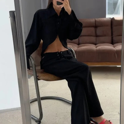 INS Loose Tracksuit Elegant Women Trousres Set Y2K Outfits Long Sleeve Irregular Blouse Top Lace Up Wide Leg Pants Two Piece Set