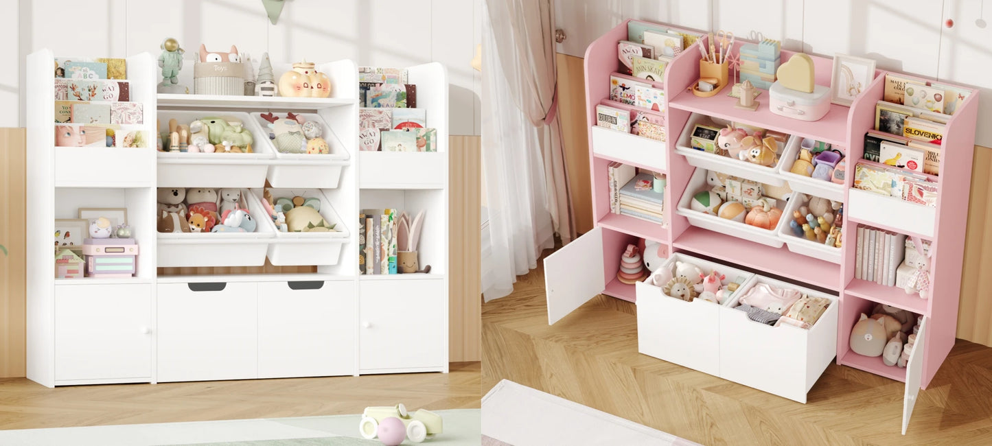 Getone Toy Storage Unit Children's Bookshelf Kid's Room Furniture Bookcase with 4 Boxing 2 boxing rolls 13 shelves 126x30x104cm