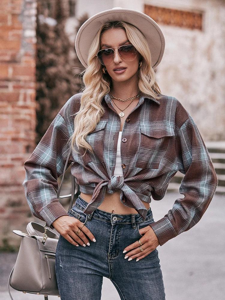 Autumn Plaid Shirt Women Long Sleeve Turn-down Collar Oversize Shirts Female Stylish Vintage Casual Blouse Ladies Chemise