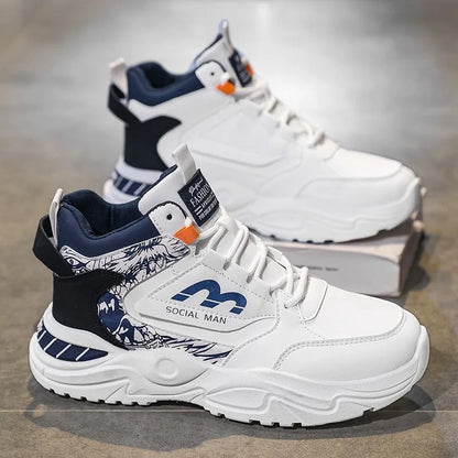 Men's Spring Breathable High Top White Sports Shoes Trendy All-Match Thick Sole Leisure Dad Sneakers