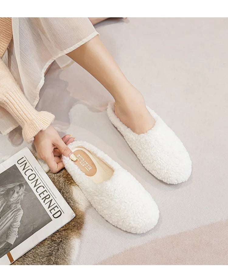 Big Size 43 Women Lambswool Slippers Winter Sheep Fur Shoes Ladies Flat Cotton Slides Home Pantuflas Daily Slip On Furry Mules