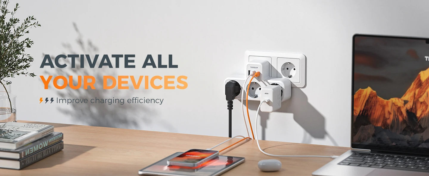 Tessan Multiple EU Standard USB Socket Wall Socket 6 in 1 Plug Socket with 3 AC Outlets with USB Charging Ports for Home Office