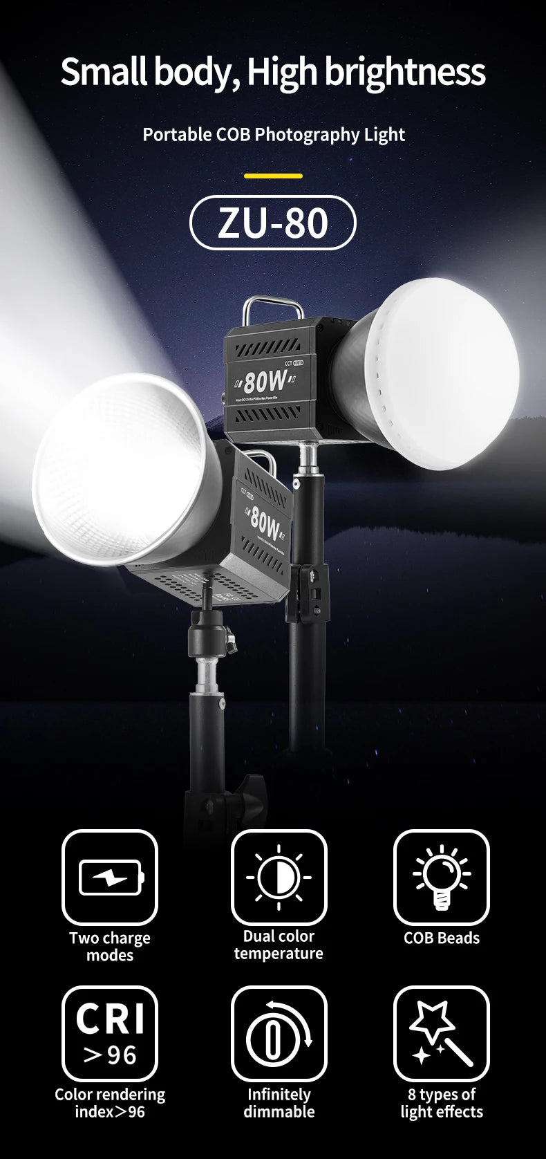 MIAOTU ZU-80 MINI Photography Light LED Live COB Fill light 2700-7500K Professional Video Portable Lampshade Mini Bowens Mount