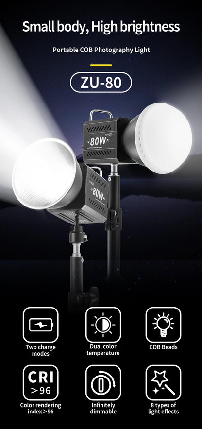 MIAOTU ZU-80 MINI Photography Light LED Live COB Fill light 2700-7500K Professional Video Portable Lampshade Mini Bowens Mount