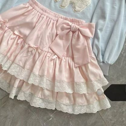 Japanese Sweet Lolita 2 Piece Sets Women Cute Bow Cartoon Bunny Off Shoulder T-shirts Pink Cake Mini Skirts Kawaii Y2k Outfits