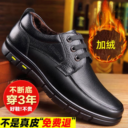 Autumn Men's Leather Shoes True Cowhide Flat Bottom Anti-Slip Plus Size Casual Elderly Father Shoes Rubber Sole China Made