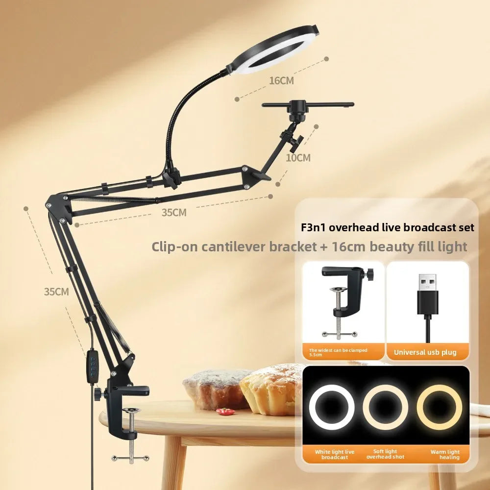 Phone Stand for Live Streaming, Desktop Boom Arm, Adjustable Height, Suitable for Selfie Shooting, Fill Light, Video Recording