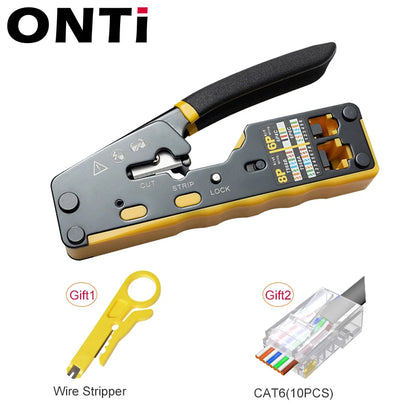 ONTi RJ45 Cat7/6/6A/5E Connector and RJ45 Crimp Tool Pass Through Crimper for 8P8C with Replacement Blade Cable Stripper