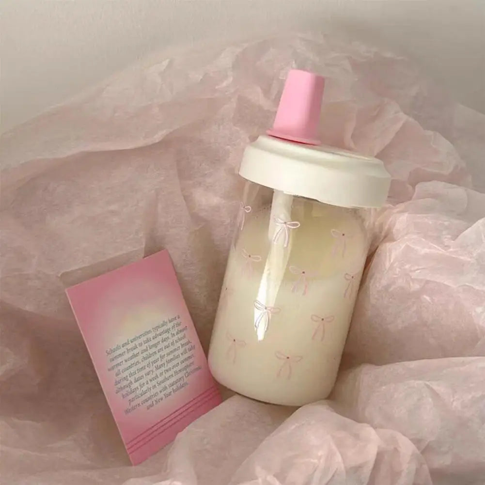 Cute Pink Bow Straw Water Bottle Fashionable Travel Safe Odorless Large-capacity Portable Water Bottle For Travel