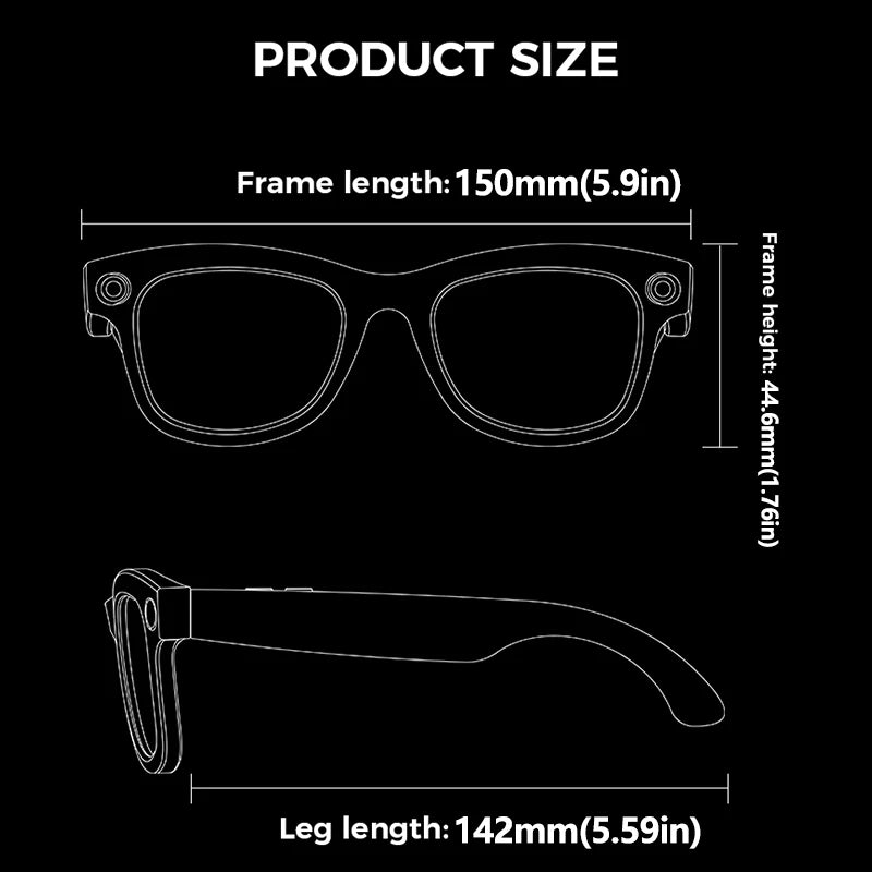 Lunettes intelligentes avec traduction IA, caméra HD 8 mégapixels, stabilisation optique de l'image, double microphone et réduction du bruit.