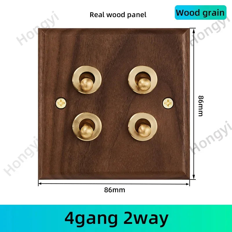 Black walnut retro European retro wall lamp switch socket, solid wood brass toggle switch board 1-4Gang 2Way antique home switch