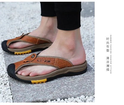 Genuine Cow Leather Shoes Men Sandals Mens Flip Flops Men's Casual Shoes Classic Massage Beach Slippers Anti-slip Summer 2025
