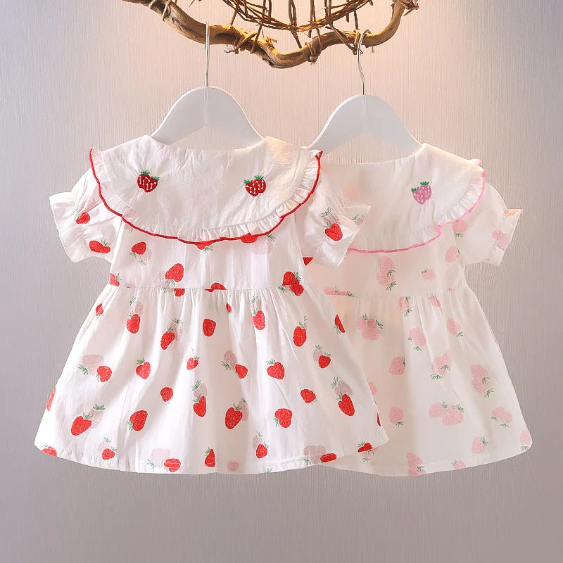 Summer New Style Baby Girls Dress Short Sleeve Flower Fake Two-Piece Shoulder Strap Dress Cute Princess Wedding Party Costume