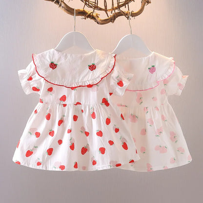 Summer New Style Baby Girls Dress Short Sleeve Flower Fake Two-Piece Shoulder Strap Dress Cute Princess Wedding Party Costume