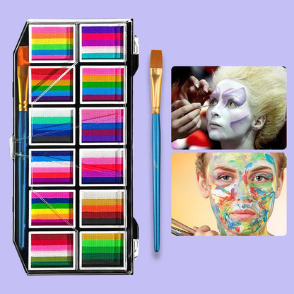 Palette de maquillage pour le visage et le corps à 12 cases, palette arc-en-ciel bicolore, maquillage à base d'eau non toxique pour Halloween et autres fêtes.