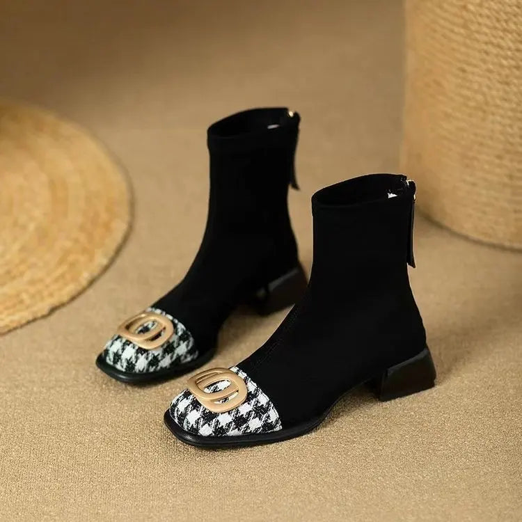 Women Mid Heels Chelsea Boots Chunky Suede Ankle Shoes Winter 2024 Fashion New Zipper Boots Pumps Walking Punk Warm Sock Botas