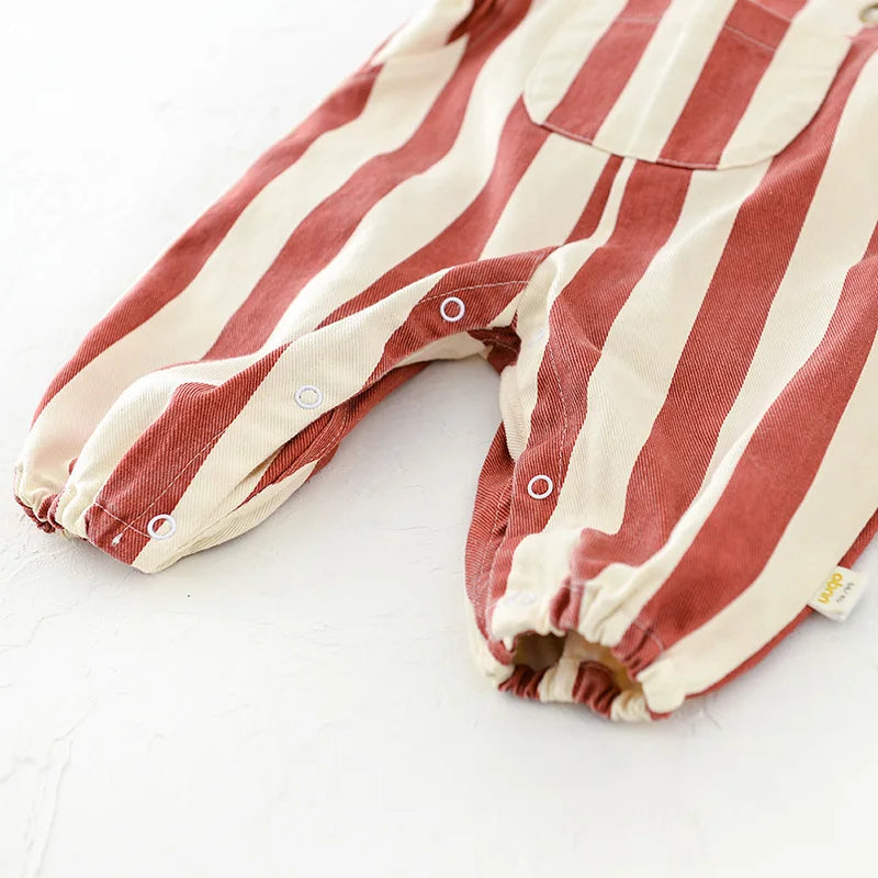 2026 Autumn New Stripe Infant Newborn Clothing Baby Boys Girl Straps Pants Overalls for 0-2Y Cartoon Bear One Piece Jumpsuit