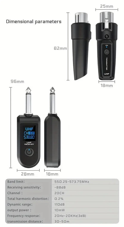 UHF Wireless Microphone System XLR Transmitter Receiver For Dynamic Mic Guitar Audio Mixer PA System