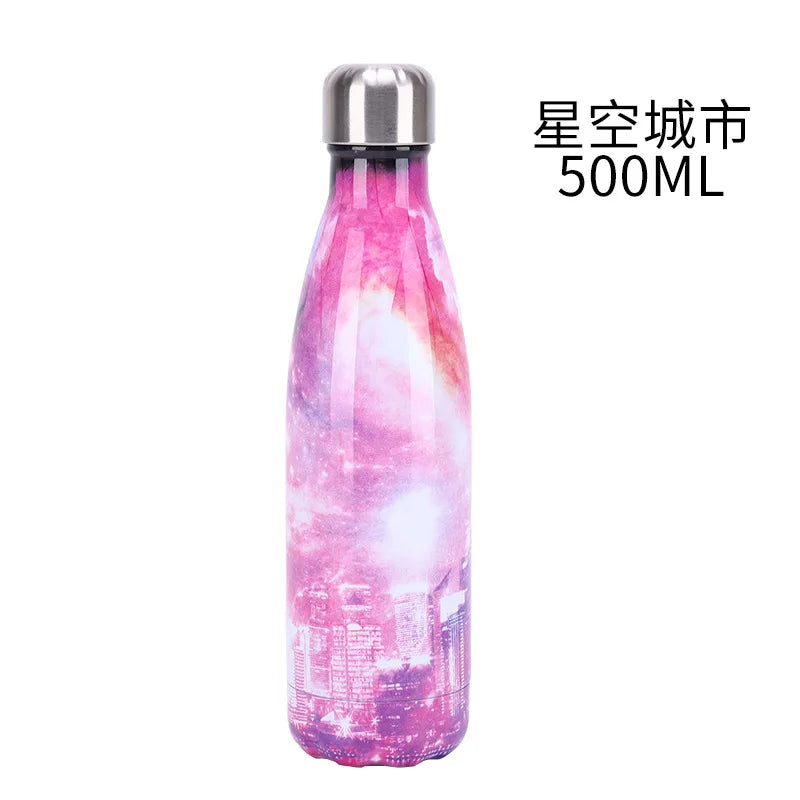 500ml Cola Shape Insulated Bottle, 304 Stainless Steel Vacuum Flask, Marble/Print Portable Water Bottle