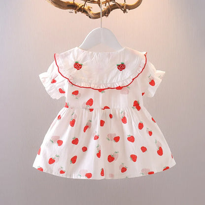 Summer New Style Baby Girls Dress Short Sleeve Flower Fake Two-Piece Shoulder Strap Dress Cute Princess Wedding Party Costume