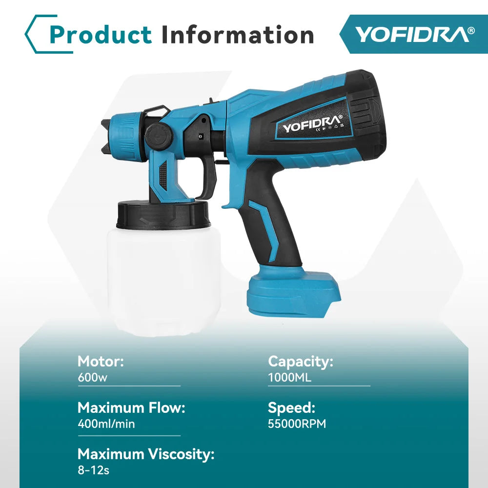 YOFIDRA 1000ML Electric Spray Gun Powerful Portable Paint Sprayer Cordless Furniture Coating Airbrush For Makita 18V Battery Pin