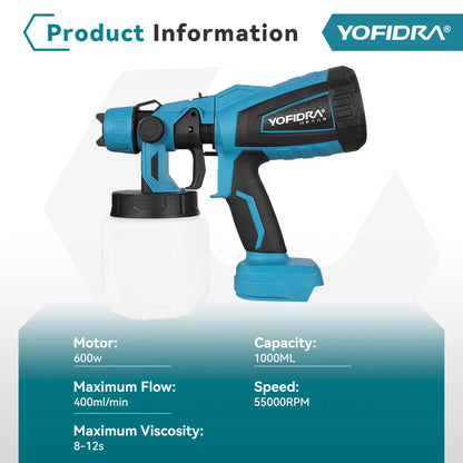 YOFIDRA 1000ML Electric Spray Gun Powerful Portable Paint Sprayer Cordless Furniture Coating Airbrush For Makita 18V Battery Pin