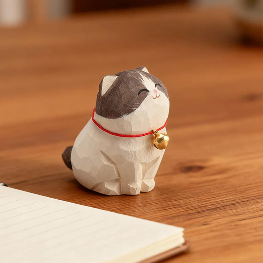 Cute Cat Animals Figurine Decorative Wooden  Ornament Kitten Statue Calico Golden gradient cat Home Office Desk Car Decor Gift