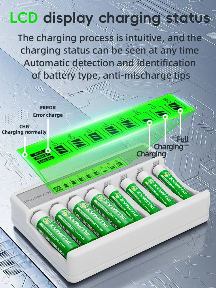 PUJIMAX 8-Slots LCD Display Fast Smart Battery Charger Type-C Charging For 1.2V Ni-MH Ni-CD AA AAA  Rechargeable Battery Charger