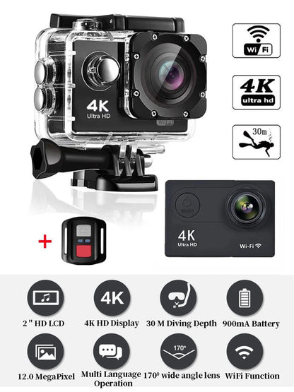 Ultra HD 4K Action Camera H9R WiFi 12MP 2" LCD 30M  Waterproof 170D Remote Control Helmet Bicycle Video Camera Outdoor Sport Cam