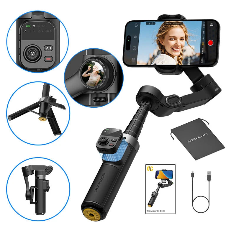 AOCHUAN Smart X3 3 Axis  Anti-Shake Gimbal Stabilizer Built-in Telescopic Rod For  iPhone And Android Smartphone Shooting Vlgo