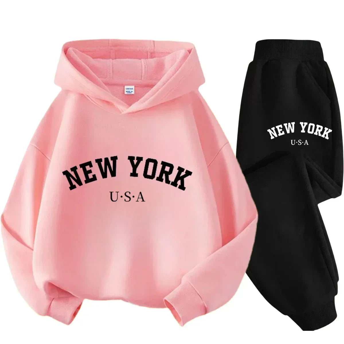 Autumn Warm New York Letter Cool Graphic Print Children Long Sleeve Hoodie +pant Suit 2pcs Set Sweatshirt Boy Girl Kid Sportwear