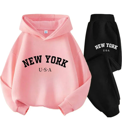 Autumn Warm New York Letter Cool Graphic Print Children Long Sleeve Hoodie +pant Suit 2pcs Set Sweatshirt Boy Girl Kid Sportwear